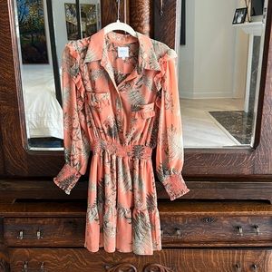 Peach mini dress with green fern pattern. Perfect condition, worn once.